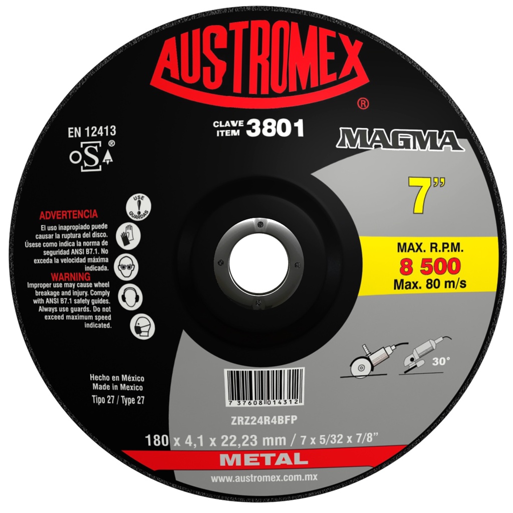 DISCO CAZUELA AUSTROMEX P/CORTE-DESBASTE METAL 7" (3801)(H)