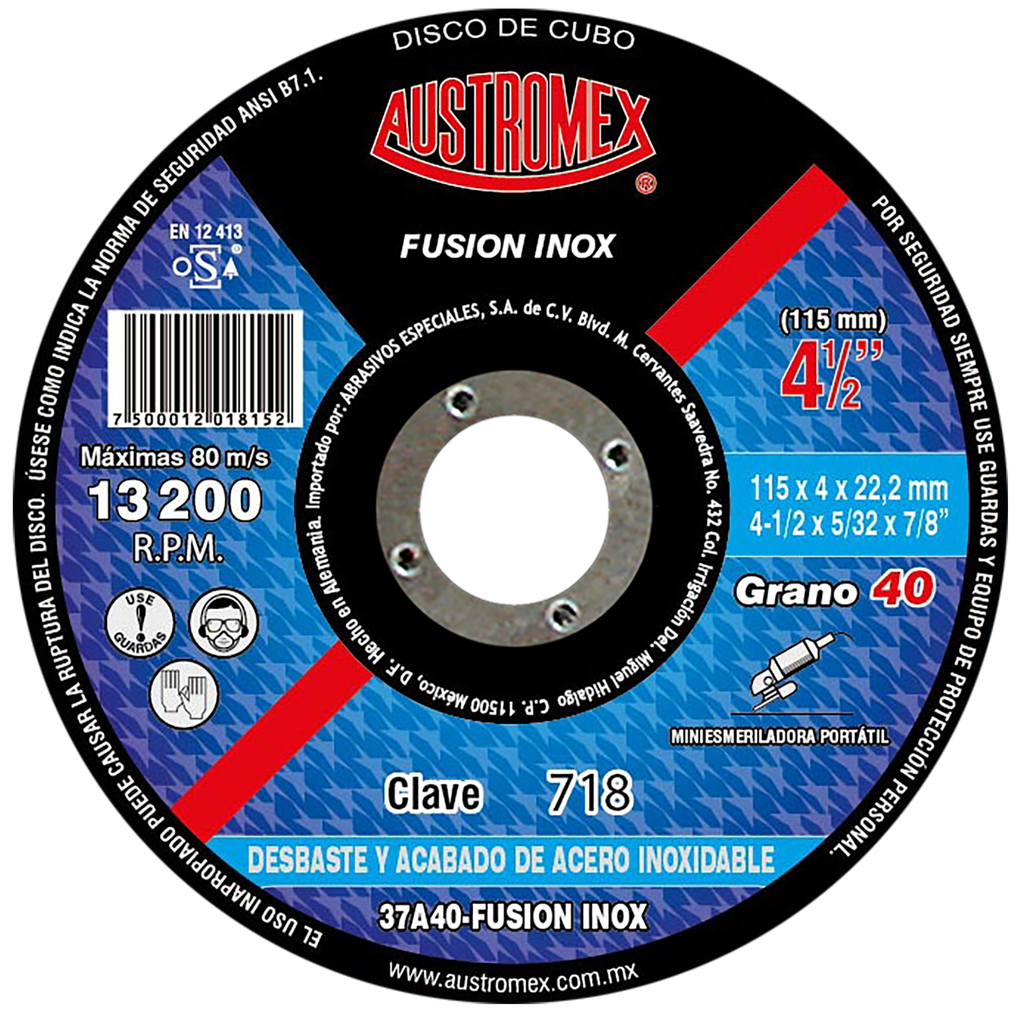 DISCO CAZUELA AUSTROMEX P/DESBASTE INOXIDABLE 4-1/2" GRANO 40 (718)(H)