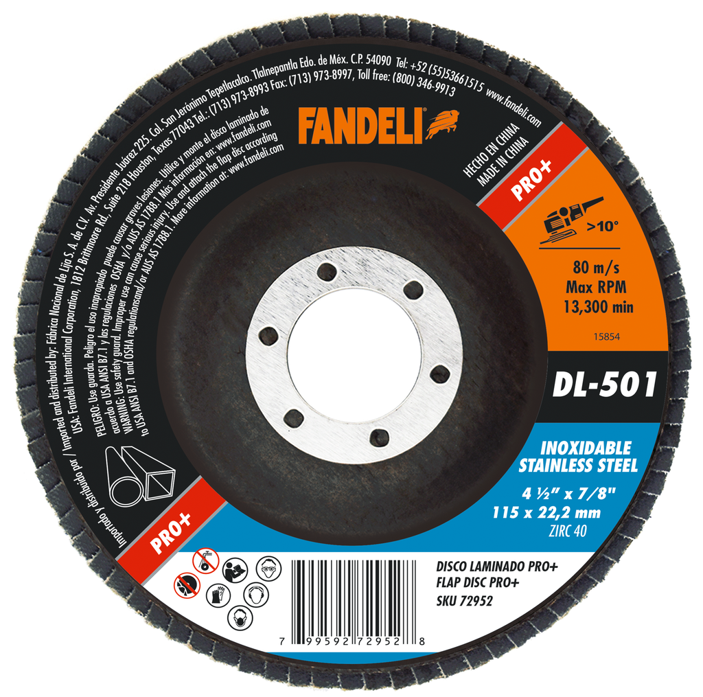 DISCO LAMINADO FANDELI P/ACERO INOXIDABLE 4-1/2 GRANO 40 (72952)(H)