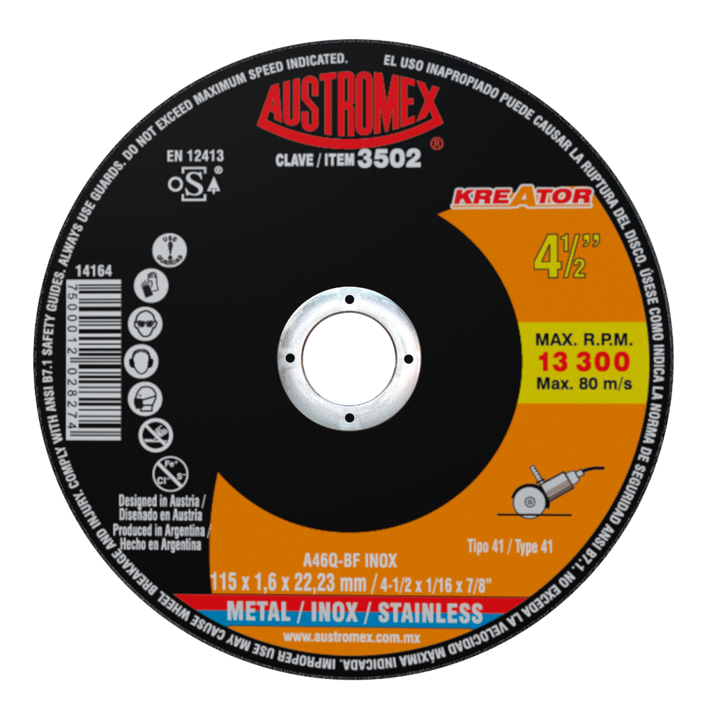 DISCO PLANO AUSTROMEX P/CORTE METAL-INOXIDABLE 4-1/2" (3502)(H)