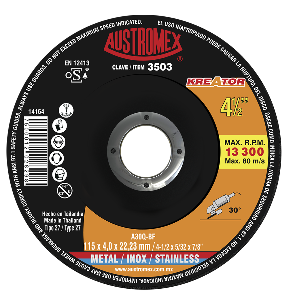 DISCO CAZUELA AUSTROMEX P/CORTE-DESBASTE METAL-INOXIDABLE 4-1/2" (3503)(H)