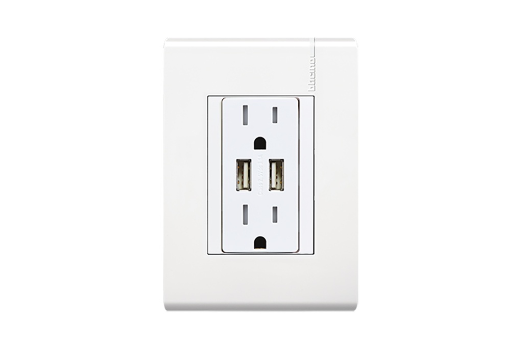 MPRO BTICINO PLACA BLANCA C/TOMACORRIENTE DÚPLEX 2P+T C/PROTECCIÓN INFANTIL + 2 CARGADORES USB 3.1A (E6028USBPTLAB)