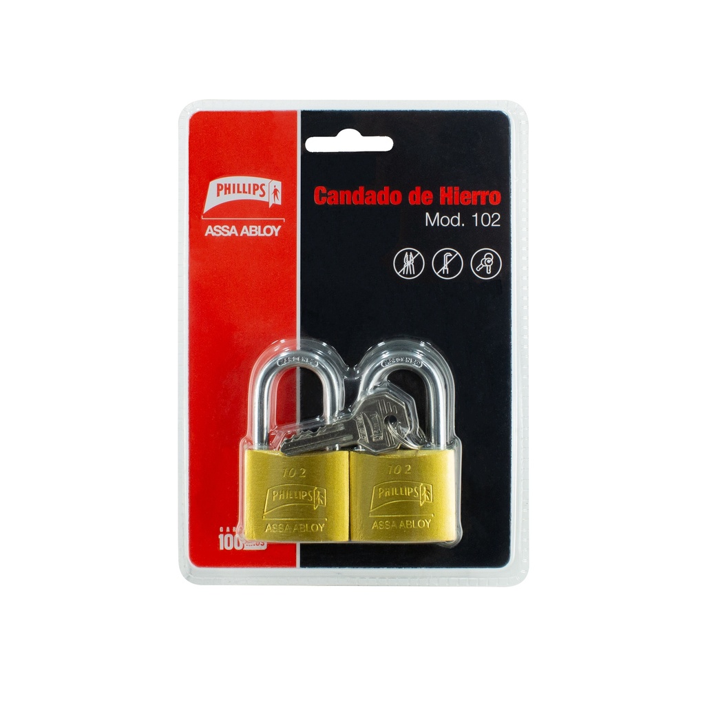 CANDADO PHILLIPS 102 HIERRO GANCHO LARGO GEMELO DORADO BLISTER (MX7180) (H)