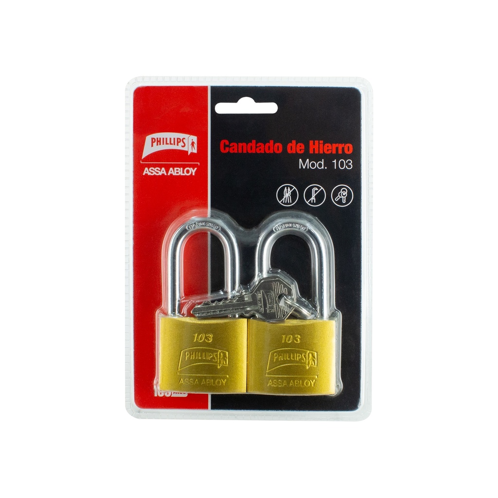 CANDADO PHILLIPS 103 HIERRO GANCHO LARGO GEMELO DORADO BLISTER (MX7186) (H)