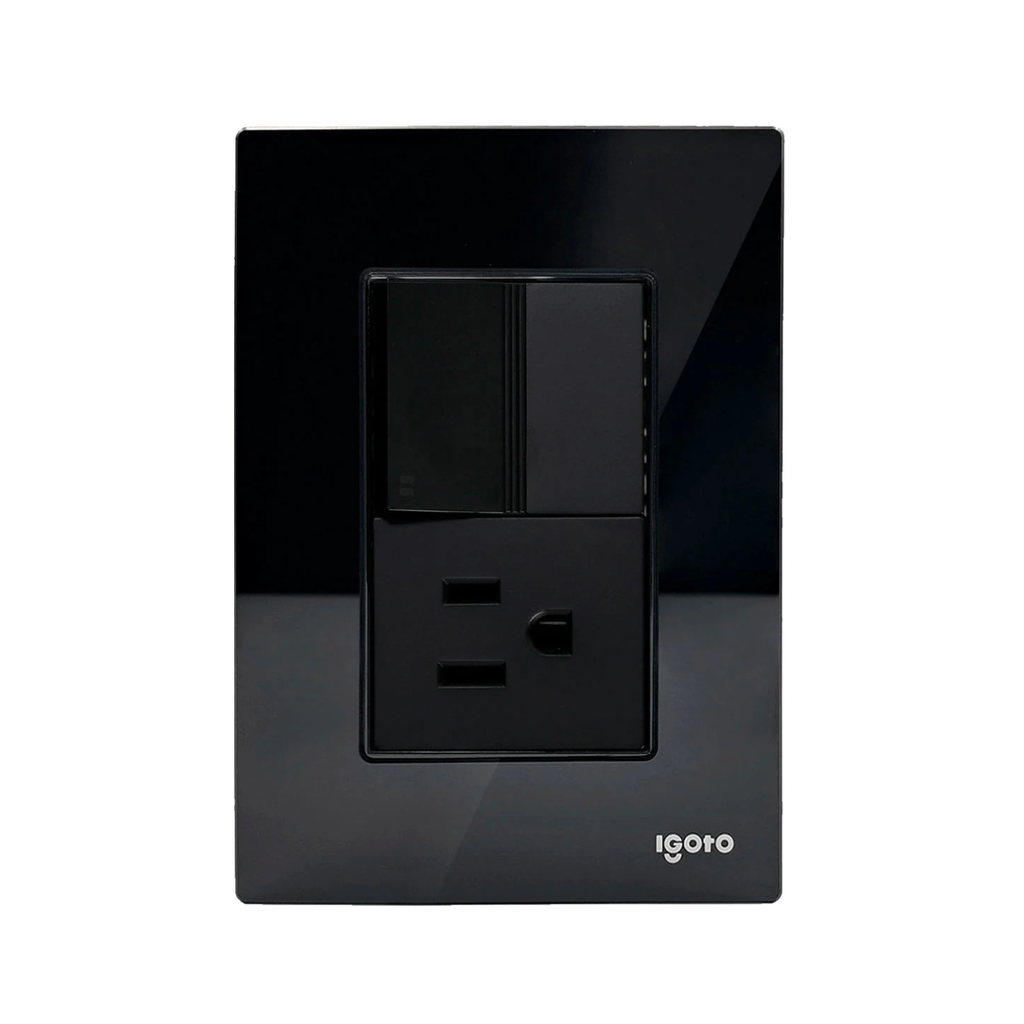 IGOTO PLACA ARMADA NEGRA C/1 APAGADOR ESCALERA + 1 CONTACTO DE 1.5 MÓDULOS (CRIS2007)(E)