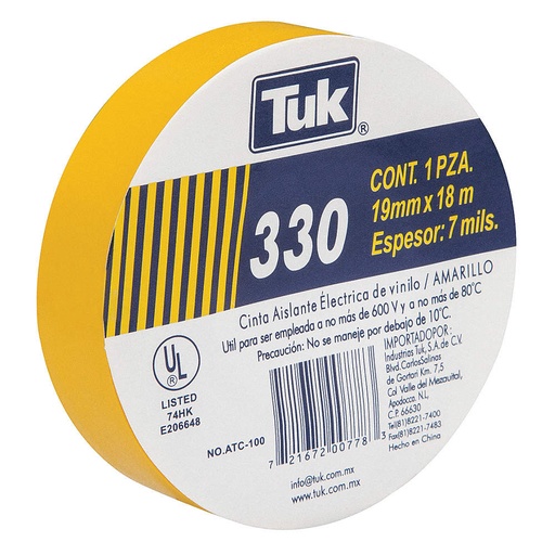 [TKCV330-A] CINTA TUK AISLANTE VINIL 330-C AMARILLO 19MM X 18M (345303)(E)