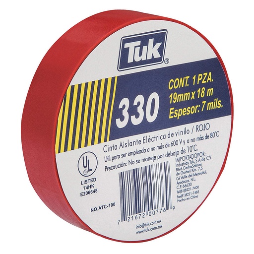 [TKCV330-R] CINTA TUK AISLANTE VINIL 330-C ROJO 19MM X 18M (345301)(E)