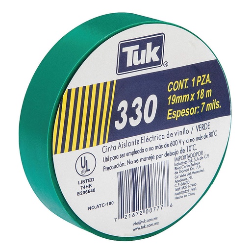 [TKCV330-V] CINTA TUK AISLANTE VINIL 330-C VERDE 19MM X 18M (345302)(E)