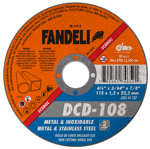 [FADCORT74650] DISCO FANDELI CORTE DELGADO DUO 4-1/2" P/METAL-ACERO INOXIDABLE ECONÓMICO (74650)(H)