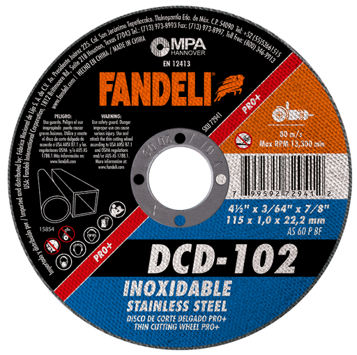 [FADCORT72941] DISCO FANDELI CORTE DELGADO P/ACERO INOXIDABLE 4-1/2" (72941)(H)