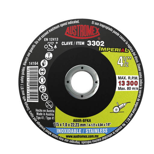 [AU611DC3302] DISCO PLANO AUSTROMEX P/CORTE INOXIDABLE 4-1/2" (3302)(H)