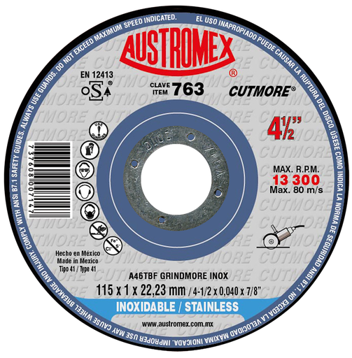 [AU113DINX0763DEL] DISCO PLANO AUSTROMEX P/CORTE INOXIDABLE 4-1/2" (763)(H)