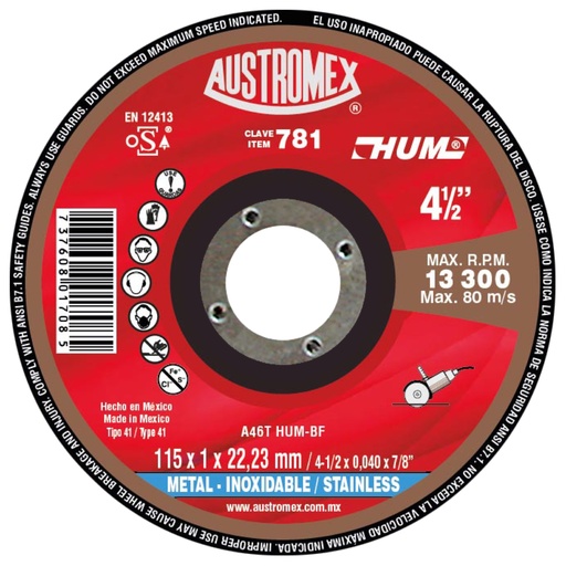 [AU073DCM0781DEL] DISCO PLANO AUSTROMEX P/CORTE METAL-INOXIDABLE 4-1/2" (781)(H)