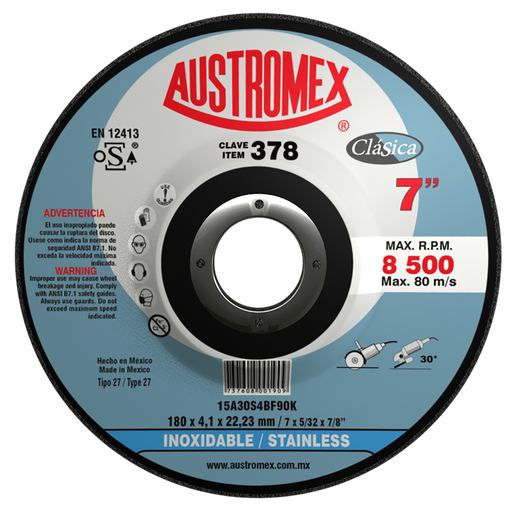 [AU039DDLCINX0378] DISCO CAZUELA AUSTROMEX P/CORTE-DESBASTE INOXIDABLE 7" (378)(H)