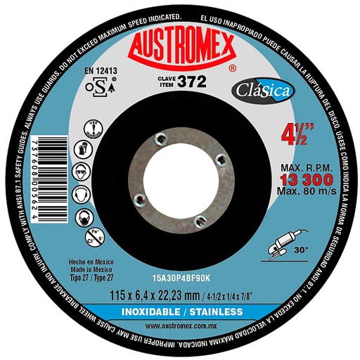 [AU029DDINX0372] DISCO CAZUELA AUSTROMEX P/DESBASTE INOXIDABLE 4-1/2" (372)(H)