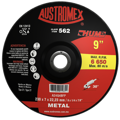 [AU023DDM0562] DISCO CAZUELA AUSTROMEX P/DESBASTE METAL 9" (562)(H)