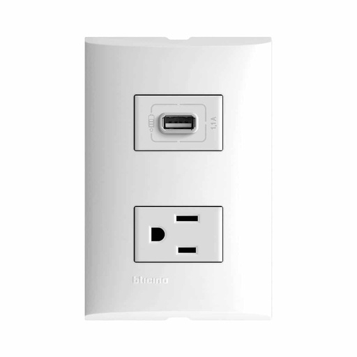 [BTZA29S21] BTICINO PLACA FORZA C/1 TOMACORRIENTE 2P+T + 1 CARGADOR USB BLANCO (FZA29S21) (E)