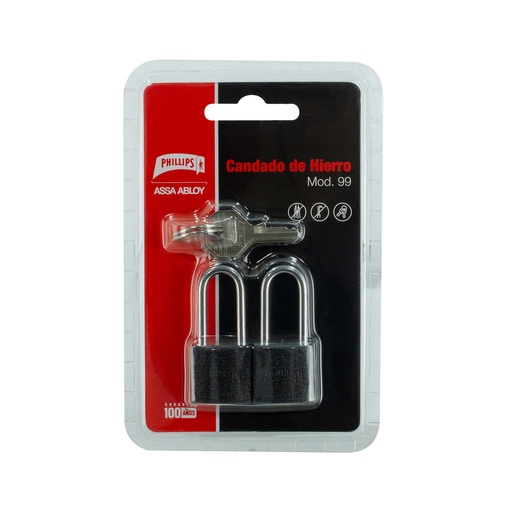 [PHCA0GLM171] CANDADO PHILLIPS 99 HIERRO GANCHO LARGO GEMELO NEGRO BLISTER (MX7171) (H)