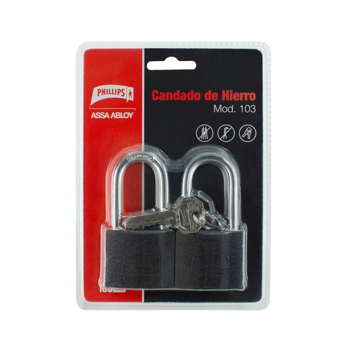 [PHCA103GLMX7187] CANDADO PHILLIPS 103 HIERRO GANCHO LARGO GEMELO NEGRO BLISTER (MX7187) (H)