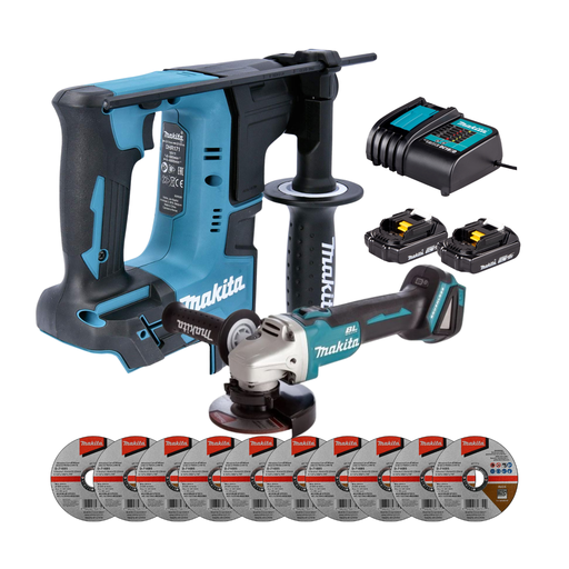 [MKTESM-CMB02] COMBO MAKITA ROTOMARTILLO ELECTRO-NEUMÁTICO INALÁMBRICO DHR171 + MINI ESMERILADORA DGA456Z C/10 DISCOS D-71685 + CARGADOR + BATERÍAS (DHR171SFE)
